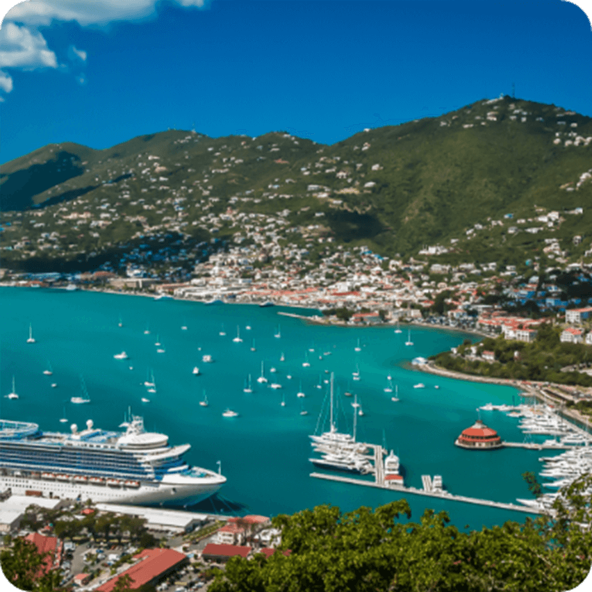 Ariel view of  St. Thomas with Princess cruise ship docked a port.