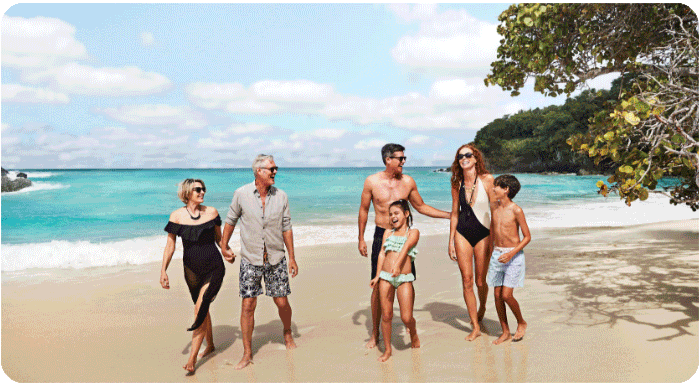 Animated images of couples and families enjoying the beach, hiking trails and private cabana.